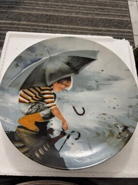 Decorative Wall Plate with Boy and Umbrella Art - White, Gray, Yellow Wedgewood